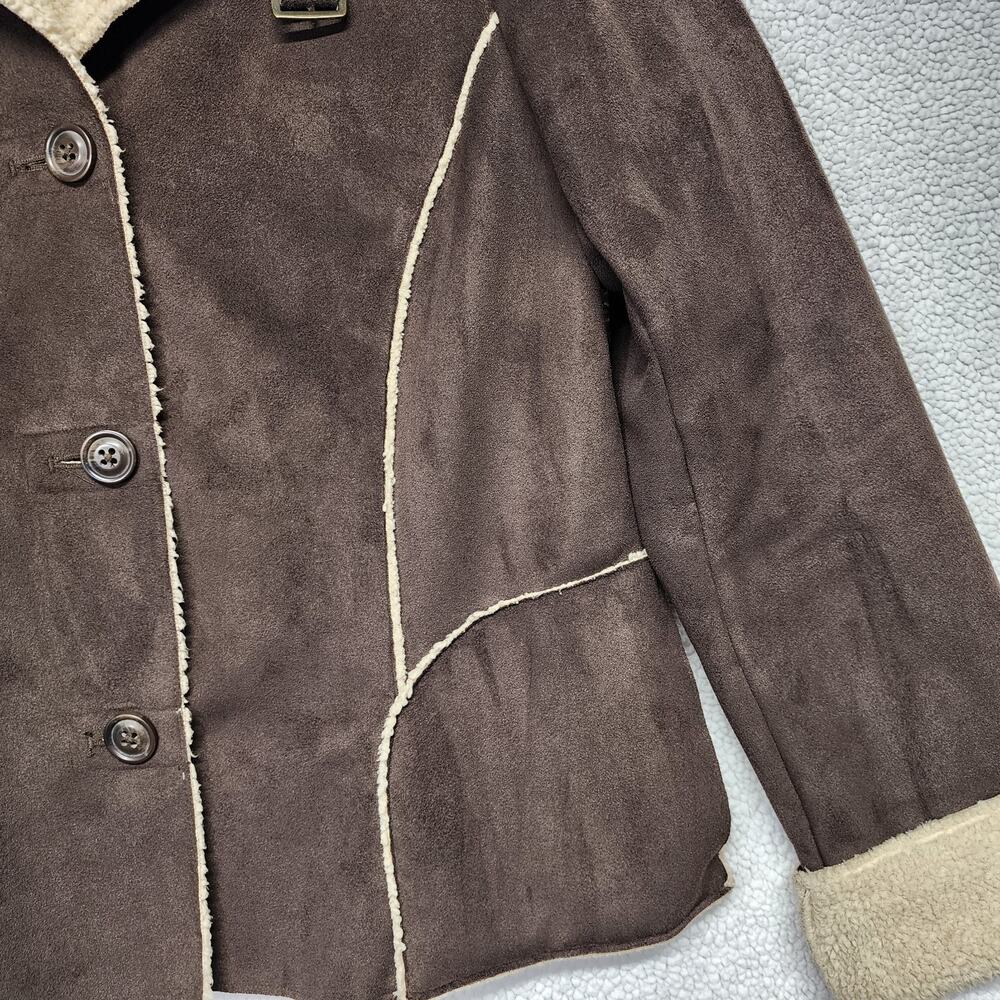 Vintage Old Navy Womens Faux Suede Jacket Size L Brown Sherpa Lined Buckle Y2K - Picture 5 of 14